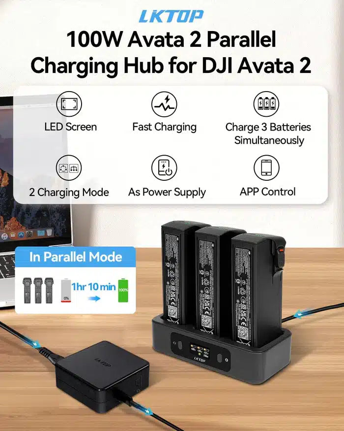 LKTOP 100 W Avata 2 Akku-Ladehub, Zweiwege-USB-C-Schnellladegerät mit LED-Bildschirmanzeige