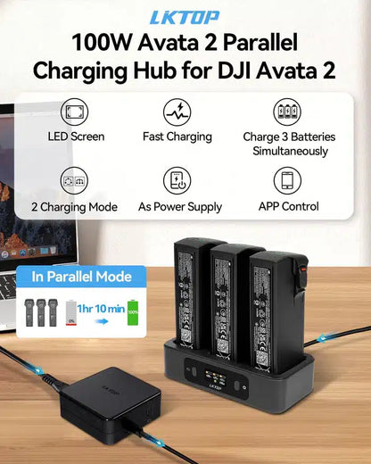 LKTOP 100 W Avata 2 Akku-Ladehub, Zweiwege-USB-C-Schnellladegerät mit LED-Bildschirmanzeige